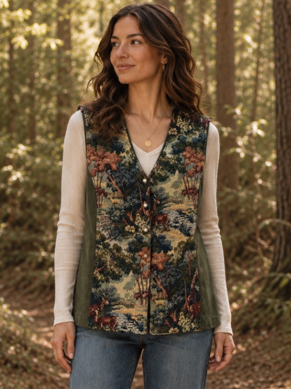 Vintage Tapestry Vest Woodland Deer Faux Suede Boho 90s XL